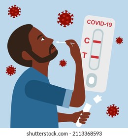 African man using COVID-19 antigen rapid test kit for checking Coronavirus concept vector illustration.