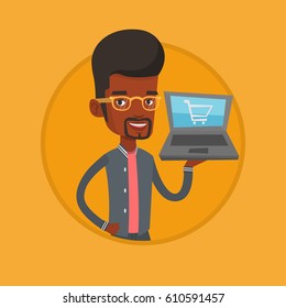 African man using laptop for online shopping. Man holding laptop with shopping trolley on a screen. Man doing online shopping. Vector flat design illustration in the circle isolated on background.