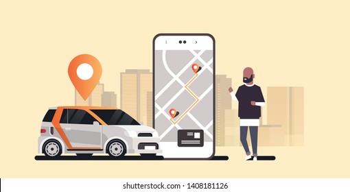 african man using mobile app ordering automobile vehicle with location mark rent car sharing concept transportation carsharing service modern cityscape background horizontal