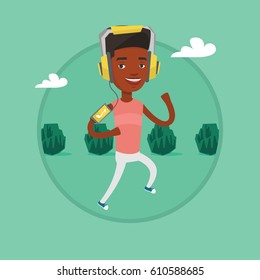 African man using smartphone to listen to music while running in the park. Man running with earphones and armband for smartphone. Vector flat design illustration in the circle isolated on background.