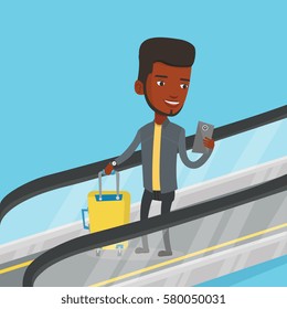 African man using smartphone on escalator in airport. Man standing on escalator with suitcase and looking at mobile phone. Man going down on escalator. Vector flat design illustration. Square layout.