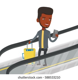 African man using smartphone on escalator in airport. Man standing on escalator and looking at mobile phone. Man going down on escalator. Vector flat design illustration isolated on white background.