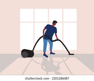 African Man With Vacuum Cleaner Cleans Houses, Flat Vector Stock Illustration With Room With Window And Shadow, Concept Of Non-standard Gender Role Or Diversity