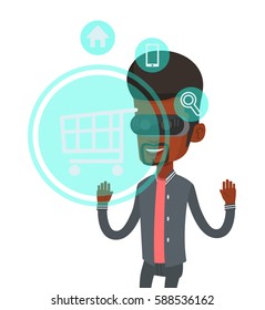 African man in virtual reality headset looking at shopping cart icon. Man doing online shopping. Virtual reality, shopping online concept. Vector flat design illustration isolated on white background.