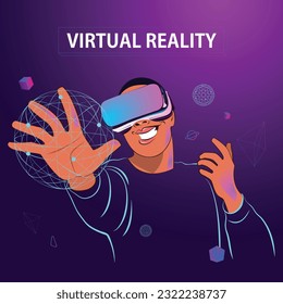 African man in VR glasses, playing video games with virtual reality headset. Future digital technology and 3D virtual reality simulation modern futuristic lifestyle