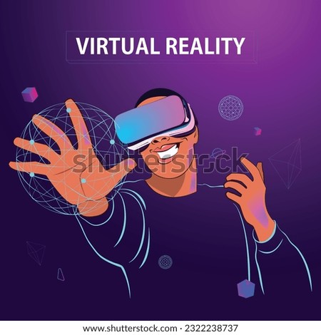 African man in VR glasses, playing video games with virtual reality headset. Future digital technology and 3D virtual reality simulation modern futuristic lifestyle