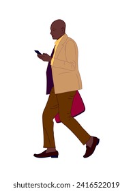 African man walking side view portrait. Modern business man wearing street fashion casual outfit. Handmade drawing vector illustration isolated on white background