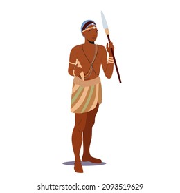African Man Warrior, Hunter with Weapon Isolated on White Background. Portrait of Male Character with Dark Skin Wear Tribal Clothes and Body Art Holding Spear. Cartoon People Vector Illustration