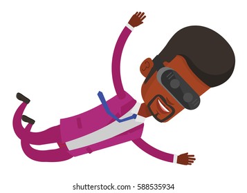 African man wearing virtual reality headset and flying. Man in vr device having fun while playing videogame. Man flying in virtual reality. Vector flat design illustration isolated on white background