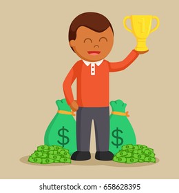 african man winning trophy and money