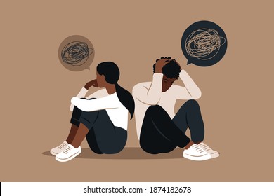 African man and a woman in a quarrel. Conflicts between husband and wife. Two characters sitting back to back, disagreement, relationship troubles. Concept of divorce, misunderstanding in family.