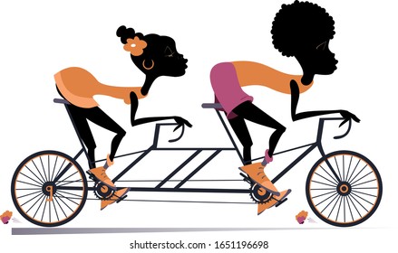 African man and woman rides a tandem bike illustration. Smiling African man and woman on the double bike isolated on white 
