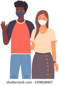 African man and woman wear medical masks. People stand and man is waving his hand, vector illustration isolated on white background. Multinational friends on self-isolation during the pandemic