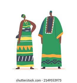 African Man and Woman Wear Tribal Clothes, Headwear and Accessories. Portraits of Male and Female Character Couple with Dark Skin Isolated on White Background. Cartoon People Vector Illustration