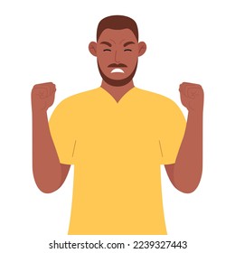 African man in yellow t-shirt shows the emotion of aggression. Angry male character. Vector illustration.