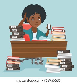 African manager sitting at workplace with stacks of documents and holding mobile phone in hand. Manager feeling stress from work. Stress at work concept. Vector cartoon illustration. Square layout.