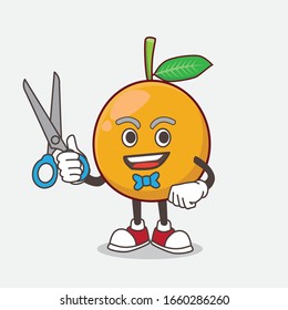 African Mangosteen cartoon mascot character as smiling barber with scissors on hand