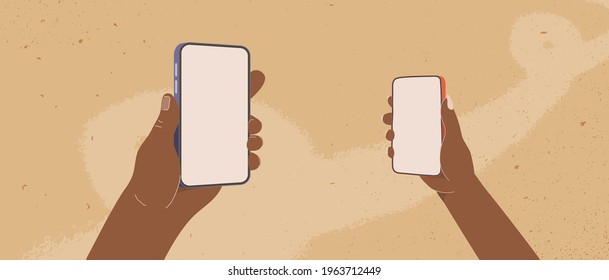 African mans and womans hands hold smartphone. Cartoon human arms holding phones flat vector illustration