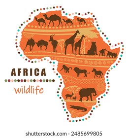 African map with animals silhouettes and patterns on white background. Vector illustration