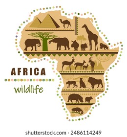African map with animals silhouettes and patterns on white background. Vector illustration