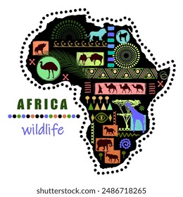 African map with animals silhouettes and patterns on white background. Vector illustration