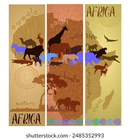 Mapa africano con siluetas de animales, tríptico. Ilustración vectorial