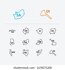African map icons set. Equatorial guinea and african map icons with kenya, the gambia and gabon. Set of boundary for web app logo UI design.