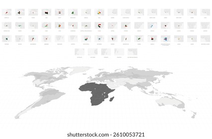 African Maps in Gray with National Flags. Gray World Map Featuring Africa.