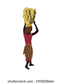 African market woman with a basket on her head. Vector illustration of a young Nigerian girl isolated on a white background.