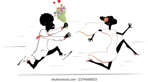 African married wedding couple. Bride runs away from the bridegroom. 
Upset bridegroom trying to catch up a runaway bride. Isolated on white background
