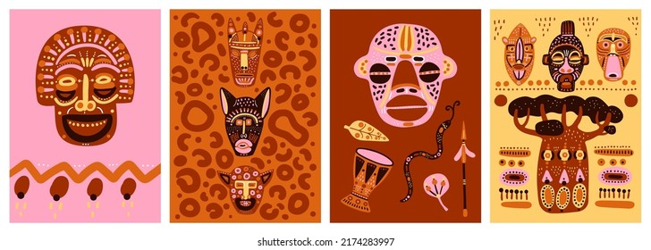 African mask cards. Patterned totems. Ritual elements. Nigeria culture. Painted faces. Decorative baobab tree. Doodle aborigines and animals heads. Indigenous idols svg