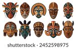 African mask colorful ethnic tribal ritual accessories different shape set vector flat illustration. Aztec Afro Indian Maya Mexican traditional native culture wooden carnival element for face cover