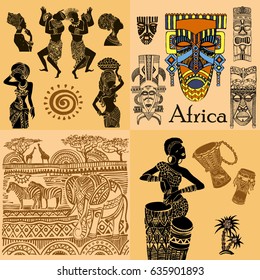 African mask and design set. Silhouette of an African woman.