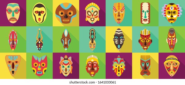 African mask flat set icon.tribal African mask flat vector illustration on white background .Vector illustration set icon face voodoo.