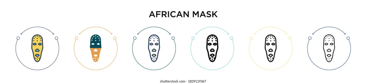 African mask icon in filled, thin line, outline and stroke style. Vector illustration of two colored and black african mask vector icons designs can be used for mobile, ui, web