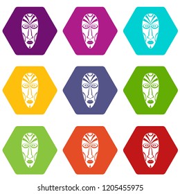African mask icons 9 set coloful isolated on white for web