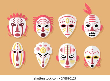 African Mask Icons. Flat Design. Tribal ritual symbols