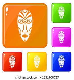 African mask icons set collection vector 6 color isolated on white background