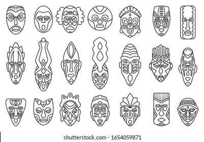 African mask outline set icon.tribal African mask outline vector illustration on white background .Vector illustration set icon face voodoo.