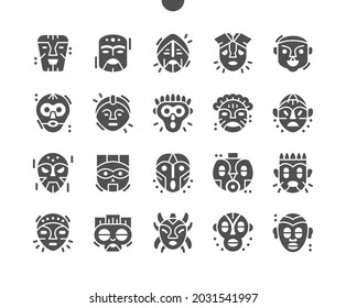 African Mask. Ritual symbols. Tiki masks, tribal wooden totems, polynesian style attributes, scary faces. Traditional ornaments, amulets. Vector Solid Icons. Simple Pictogram