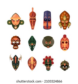 African mask. Traditional tribal masked faces for ethno wild ceremony garish vector colored flat illustrations