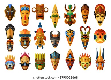 African mask. Vector African facial masque. Masking ethnic culture in Africa illustration. Tribal African mask set isolated on white background. Traditional ritual or ceremonial masked muzzle totem