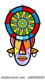 AFRICAN MASK vintage isolated Modern colourful pop art graphic element for your design. Vector face artistic illustration in pop-art comic style. Souvenirs symbols 