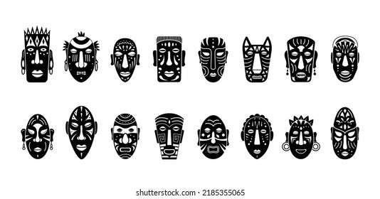 African masks. Black silhouette set. Ritual ancient symbols of african, aboriginal faces with tattoo, tribe people heads, zulu human drawing. Cult isolated elements. Vector cartoon illustration