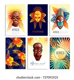 African masks cards collection of six vertical compositions with gradient leaf shapes and decorative text captions vector illustration 