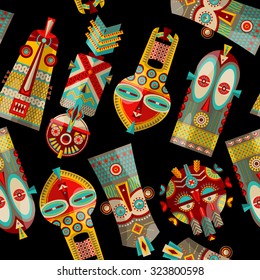 African masks of different shapes. Seamless background pattern. Vector illustration