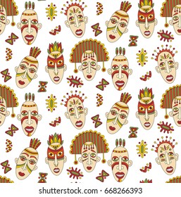 African masks doodle seamless vector pattern faces male portraits ornament design elements