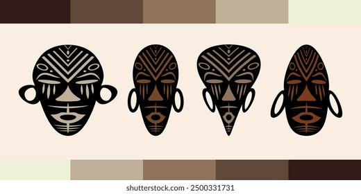 African masks ethnic tribal design, Set collection Primitive ritual mask of savages. Banner of Art design vintage engraving. Aztec Afro Indian Maya Mexican traditional native culture wooden carnival