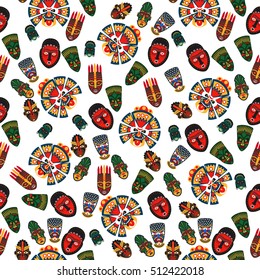 African masks seamless pattern on transparent background. Vector illustration