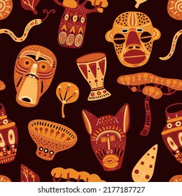 African masks seamless pattern. Ritual decorative elements. Ancient crafts and traditional items. Cultural symbols. Tribal totems and djembe. Baobab and animals. Classy